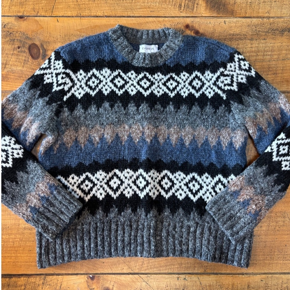 Evereve Womens Gray Blue Black Fair Isle Winter Nordic Pullover Sweater Size XS
